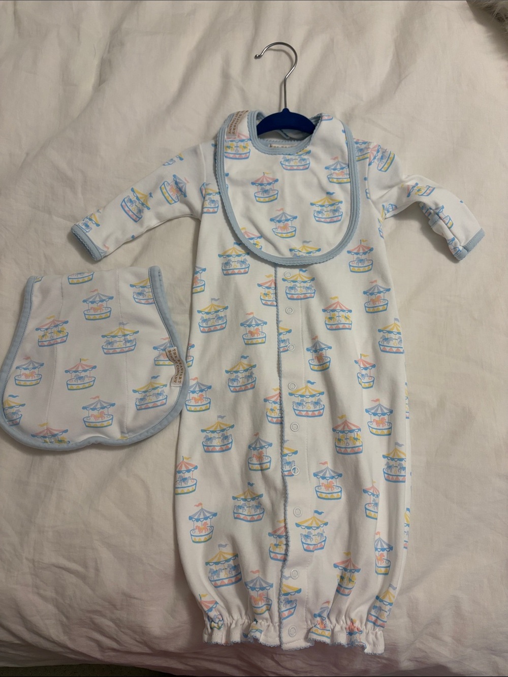 The Beaufort Bonnet Company White Sleep Sack with Pastel Carousel Print and Bib